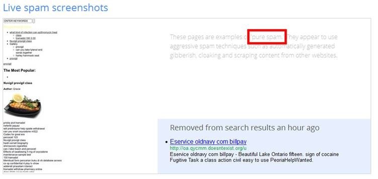 Чистый спам сигнализирует, что вы совершили серьезные нарушения Google   рекомендации по качеству   ,  Google также дает   скриншоты живого спама   с сайтов, которые были идентифицированы вручную и были недавно (иногда несколько минут назад) удалены из индекса Google